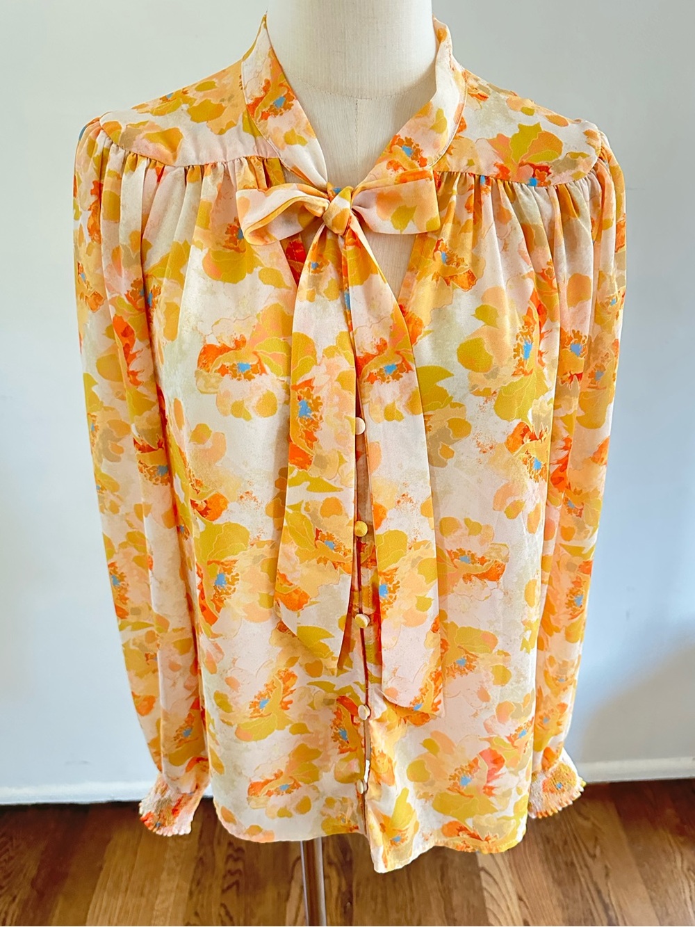 Flying Tomato Yellow Orange Floral Tie Neck Blouse Sheer Boho Retro Top M